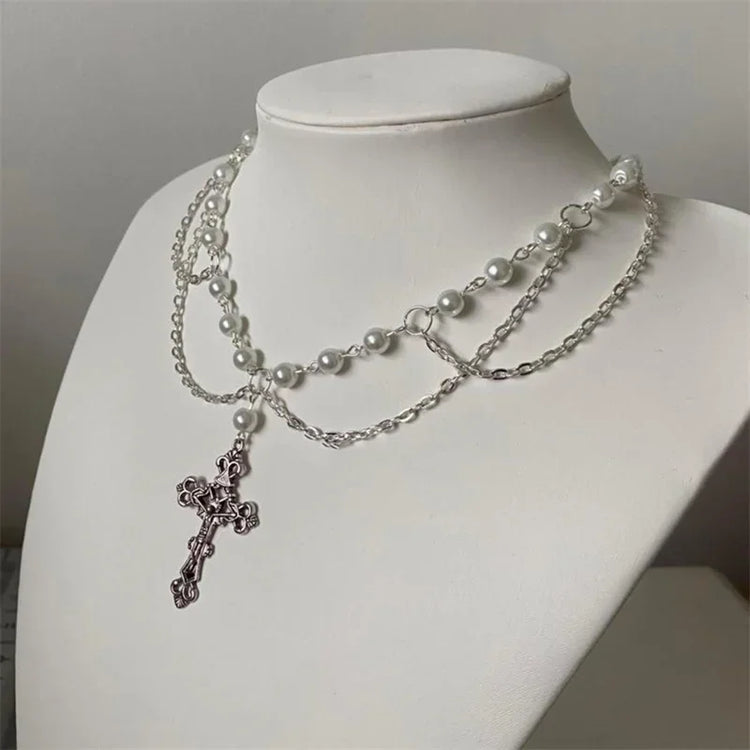 Victorian Gothic Cross Rosary Necklace With Chain Charm Handmade Sacred Pearl Beaded Necklace Layered Necklace Espiga Jewelry