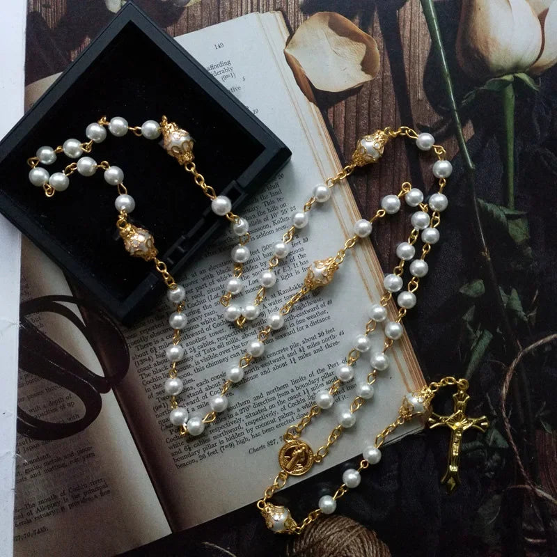 Religious Five Blessed Rosary Necklace  Prayer Beaded Chain Chaplet Saint Benedict Medal Crucifix Cross Y-Necklace  Jewelry Espiga Jewelry