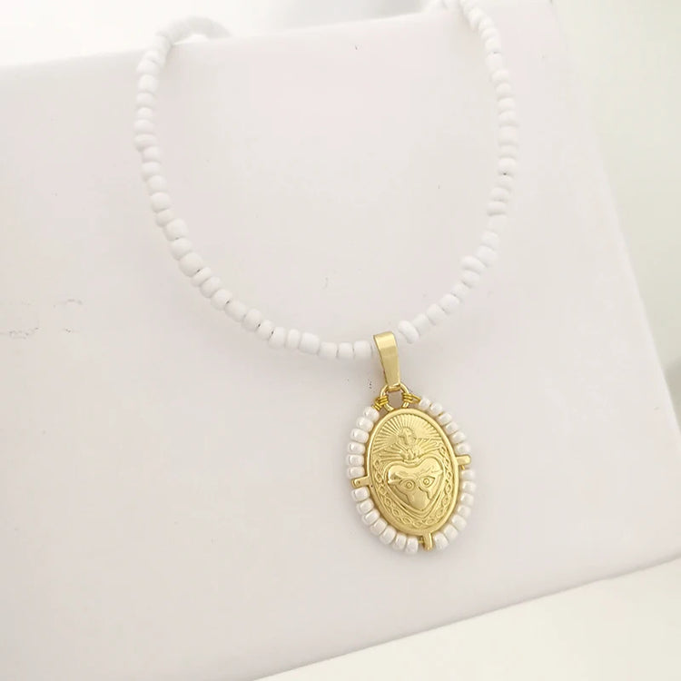 Virgin Mary Pendant Charm Necklace Women Imitation Pearl Cross Scared Heart Jesus Choker Seed Beads Gold Color Jewelry Mom Espiga Jewelry