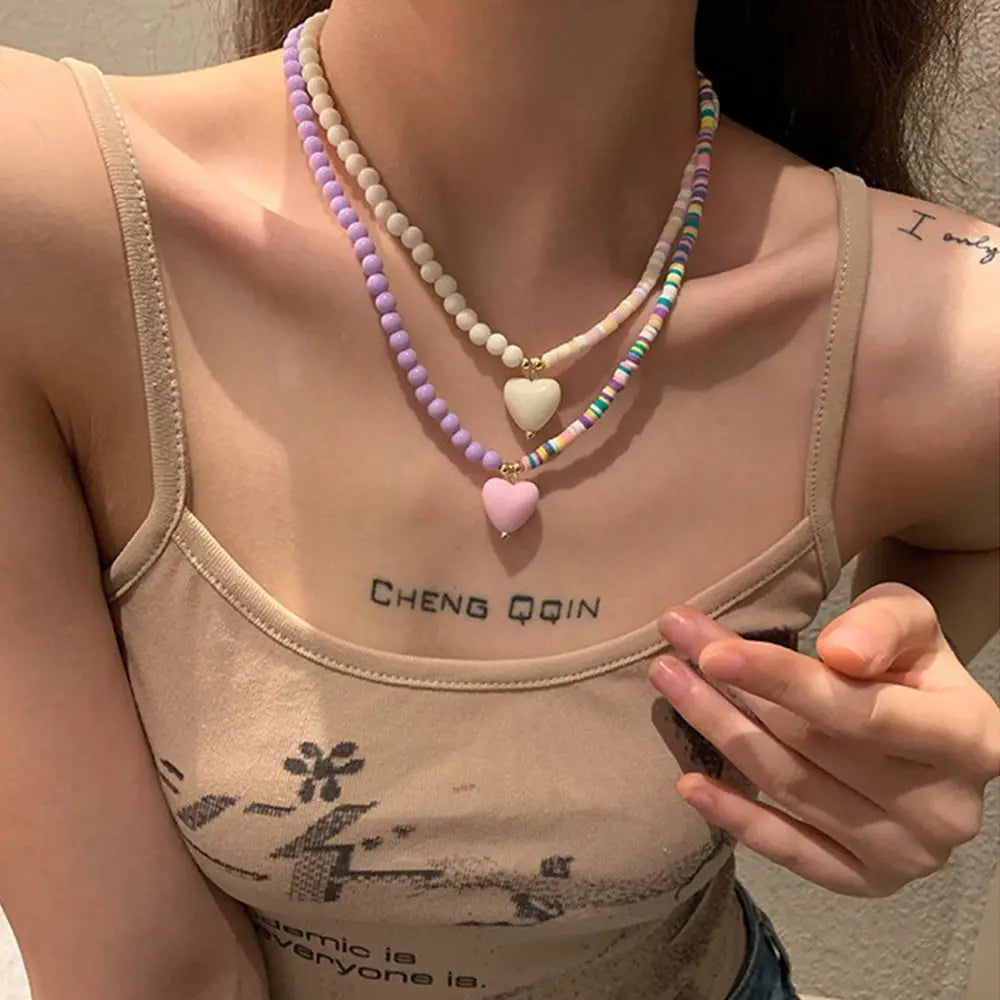 Sweater Chain Y2K Simple Alloy Women Jewelry Accessories Korean Necklace Rainbow Color Necklace Love Heart Pendant DIY Espiga Jewelry