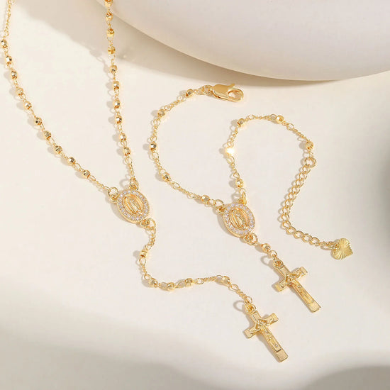 Catholic Cubic Zirconia Rosary Cross Beaded Link Bracelets, Oval Jesus Coss Jewelry, Religion Gold Plated Bracelet Espiga Jewelry