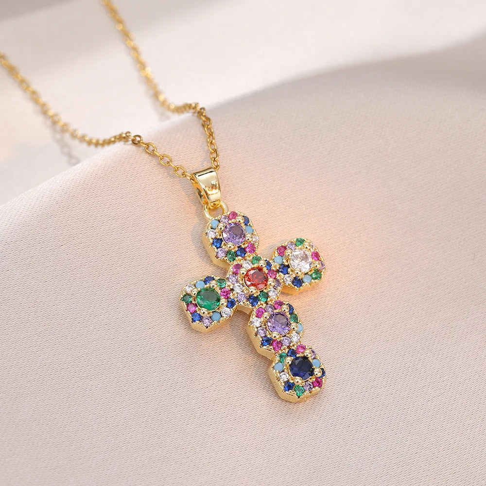 Fashion Colorful Zircon Cross Pendant Necklaces for Women Girls Stainless Steel Romantic Jewelry Accessories Gifts Espiga Jewelry
