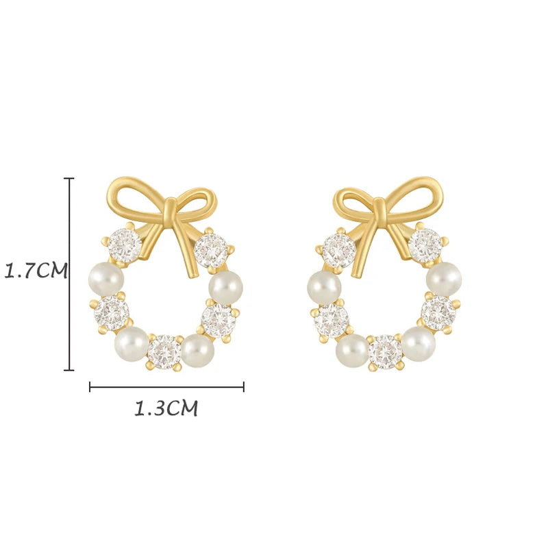 Round Wreath Bow Pearl Stud Earrings Elegant Trend Fashion Korean Women Jewelry Simple Pearl Stud Earrings Small Zircon Ear Clip Espiga Jewelry