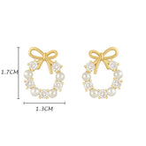 Round Wreath Bow Pearl Stud Earrings Elegant Trend Fashion Korean Women Jewelry Simple Pearl Stud Earrings Small Zircon Ear Clip Espiga Jewelry
