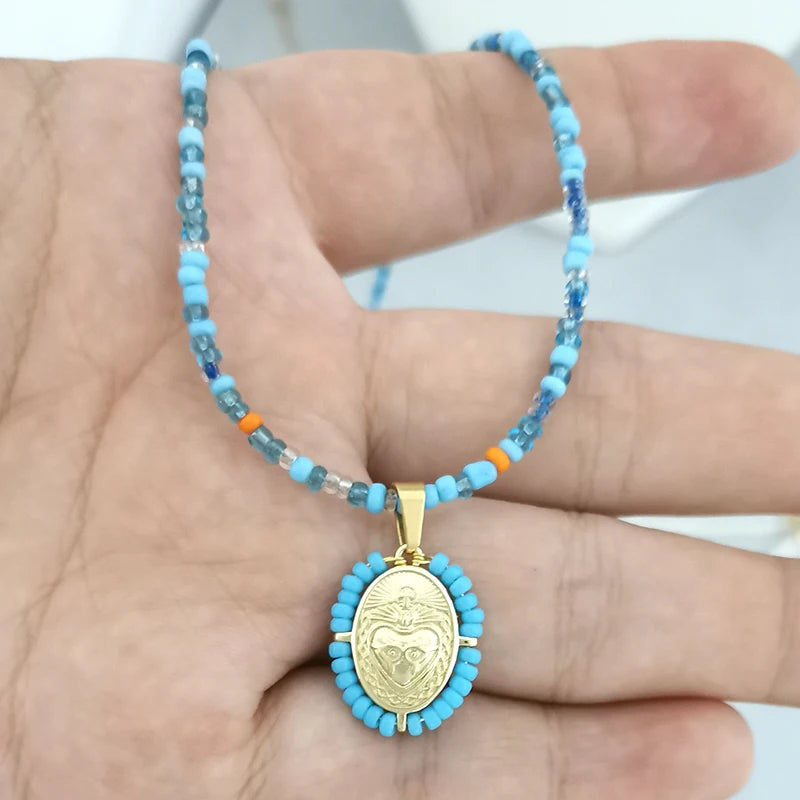 Virgin Mary Pendant Charm Necklace Women Imitation Pearl Cross Scared Heart Jesus Choker Seed Beads Gold Color Jewelry Mom Espiga Jewelry