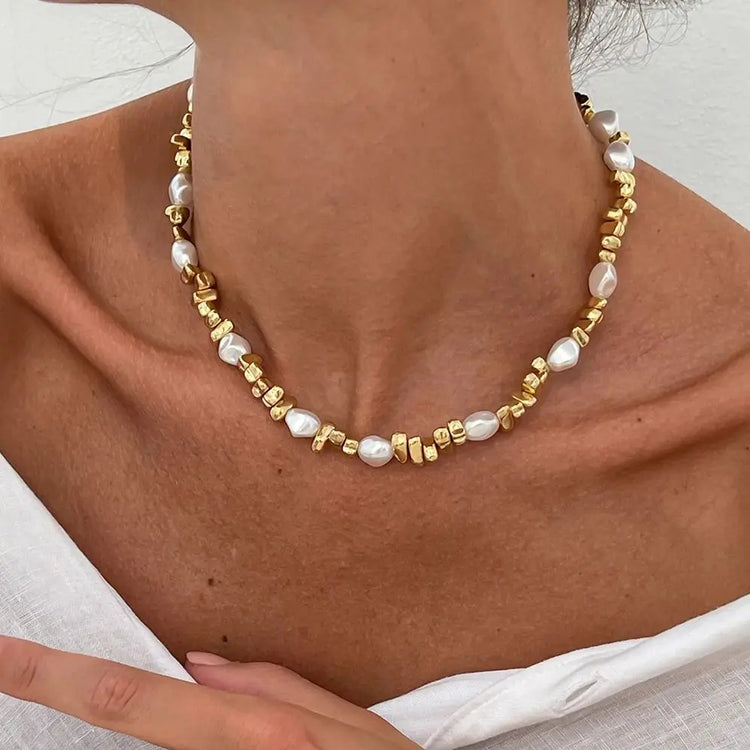 KunJoe Elegant Imitation Pearl Choker Necklace Women Retro Gold Color Acrylic Beaded Clavicle Chain Party Jewelry on the Neck、 Espiga Jewelry
