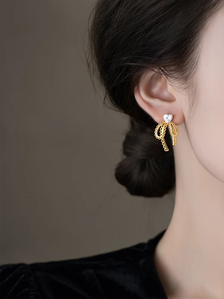 2025 Korean new design fashion jewelry 14K gold plated zircon lace bow earrings elegant women&