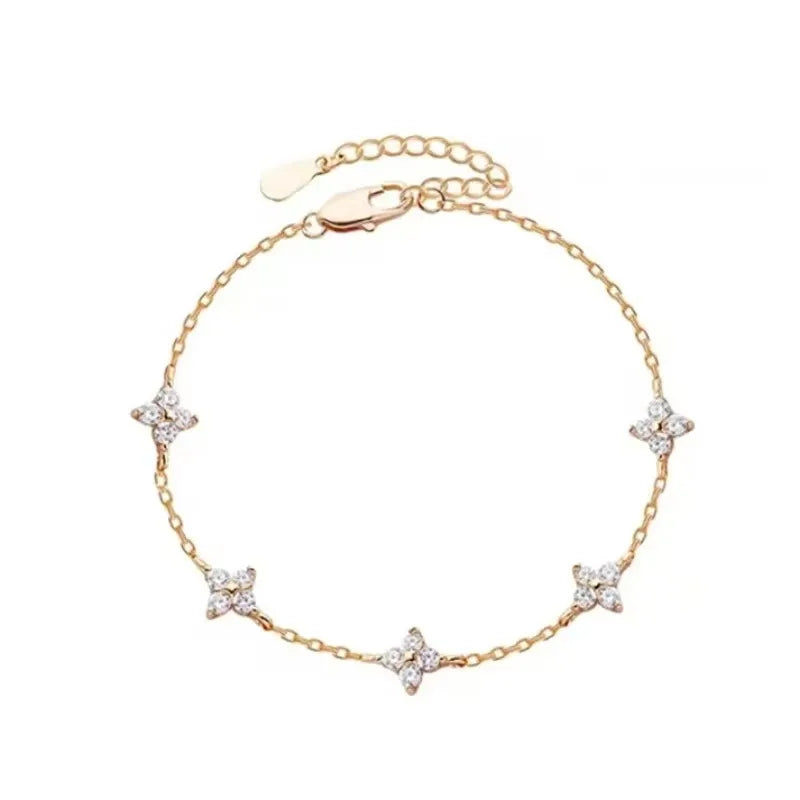High Quality Crystal Four Leaf Flower Bracelet for Women Clasic Trendy Gold Color Stainless Steel Zircon Bangle Jewelry Gift Espiga Jewelry