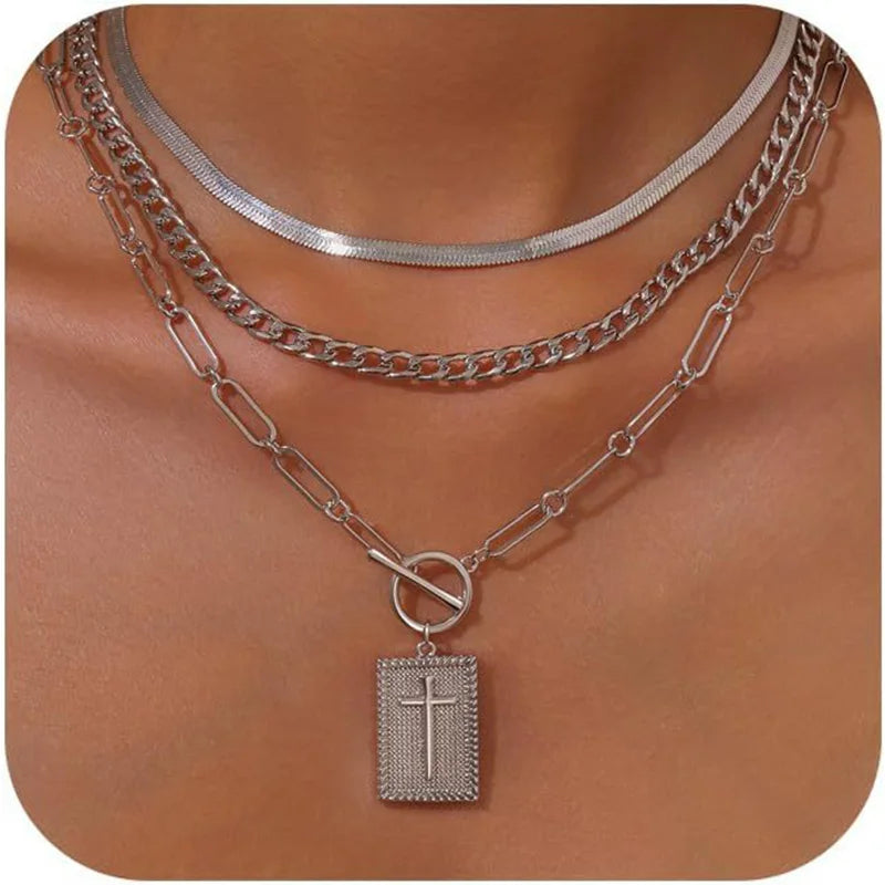 New Fashion Cross Pendant Necklace for Women Toggle Clasp Rectangle Necklaces Paperclip Collarbone Chain Christian Faith Jewelry Espiga Jewelry