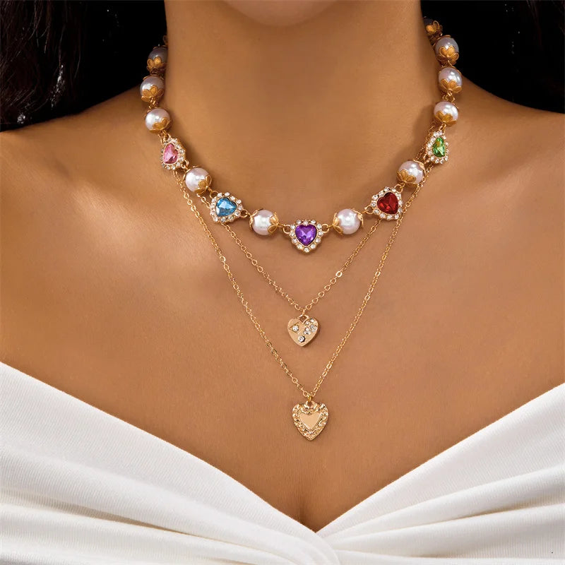 Delicate Rainbow Zircon Heart Necklace for Women Elegant Imitation Pearl Pendant Necklace Girls Party Jewelry Accessory Espiga Jewelry