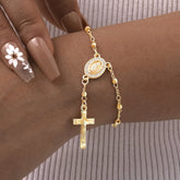 Catholic Cubic Zirconia Rosary Cross Beaded Link Bracelets, Oval Jesus Coss Jewelry, Religion Gold Plated Bracelet Espiga Jewelry