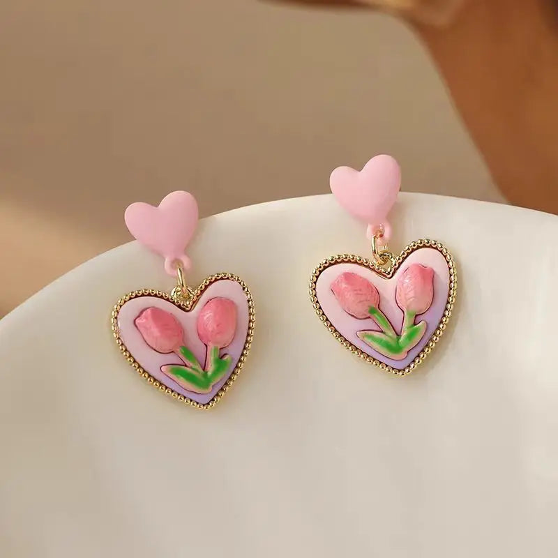 New Trendy Vintage Pink Tulip Flower Heart Pendant Earrings for Women Spring and Summer Sweet Design Wedding Party Jewelry Gifts Espiga Jewelry