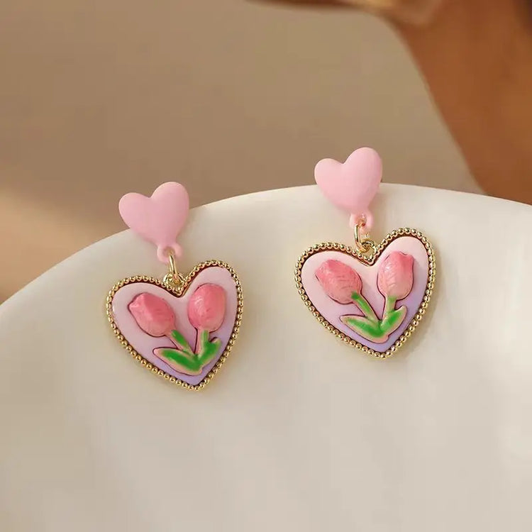 New Trendy Vintage Pink Tulip Flower Heart Pendant Earrings for Women Spring and Summer Sweet Design Wedding Party Jewelry Gifts Espiga Jewelry