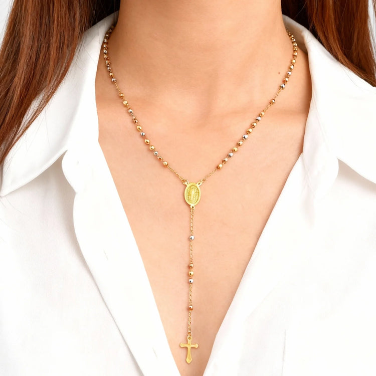Rosary Virgin Cross Drop Y-shaped Necklace for Women,Stainless Steel Link Bead Chain Prayer Necklaces,Mary Jewelry Gift Espiga Jewelry