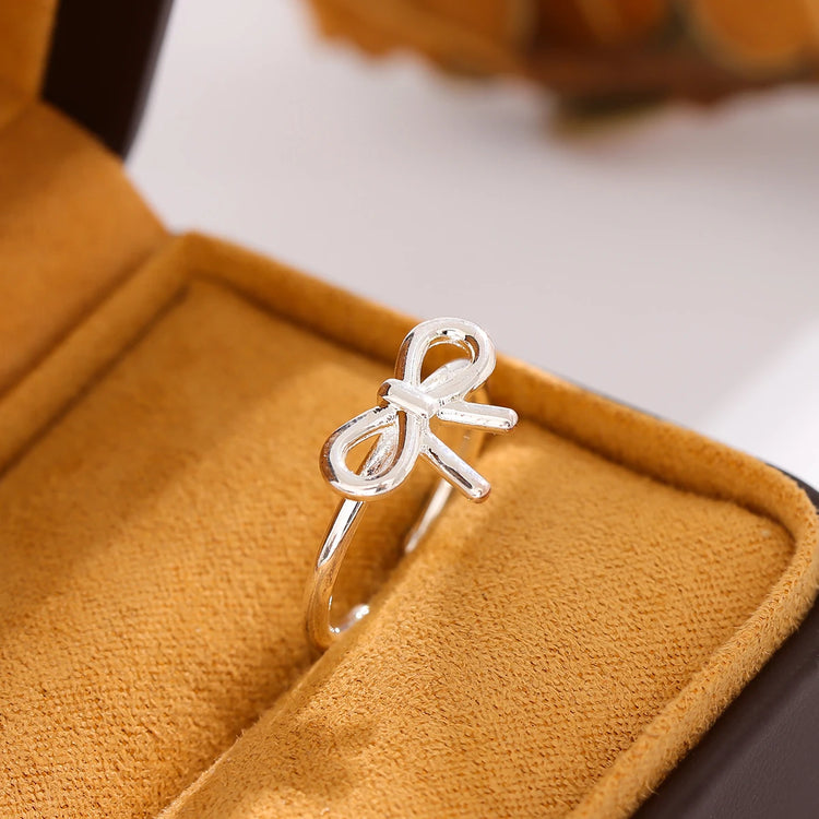 New Simple Element 925 Sterling Silver Jewelry Bow Female Wholesale Hot Popular Beautiful Opening Rings     R205 Espiga Jewelry
