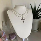 Victorian Gothic Cross Rosary Necklace With Chain Charm Handmade Sacred Pearl Beaded Necklace Layered Necklace Espiga Jewelry