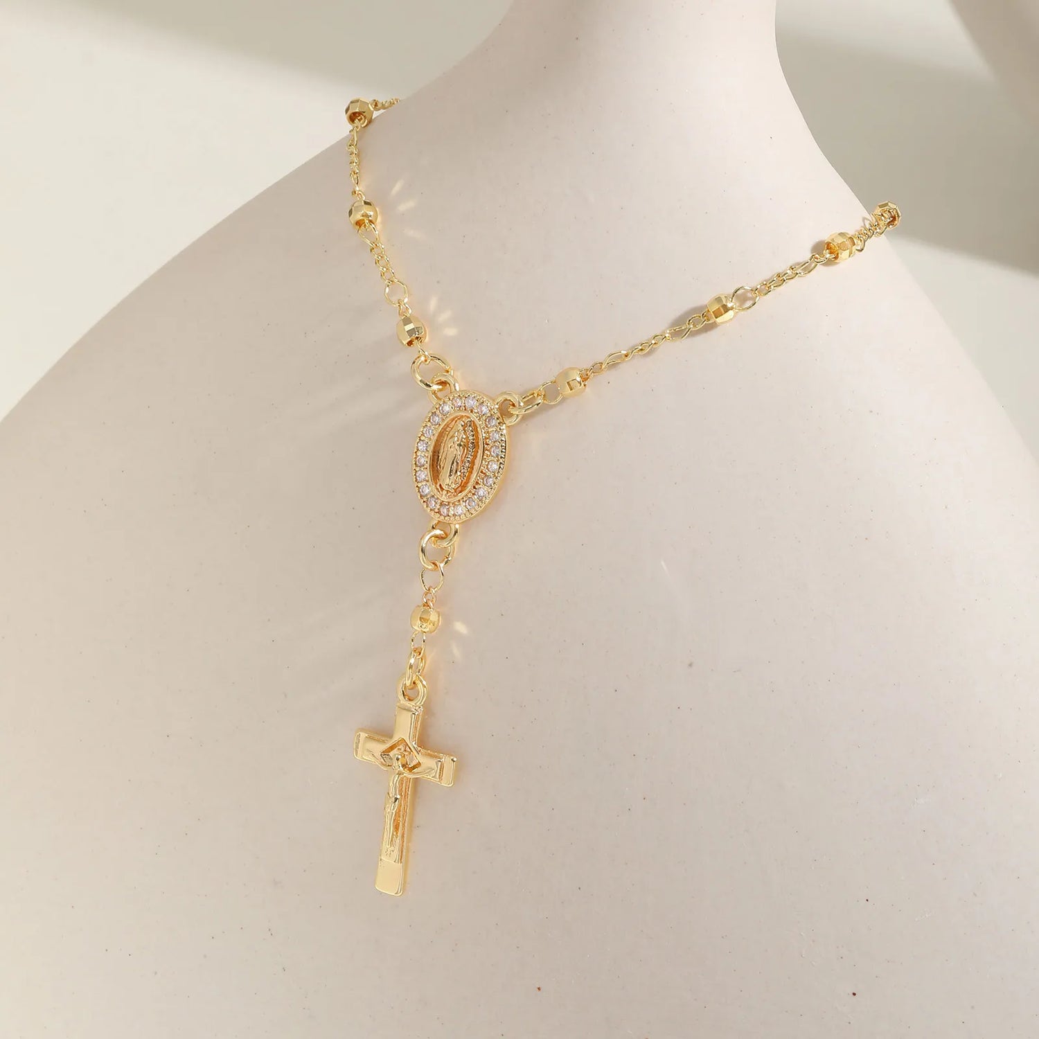 Catholic Cubic Zirconia Rosary Cross Beaded Link Bracelets, Oval Jesus Coss Jewelry, Religion Gold Plated Bracelet Espiga Jewelry