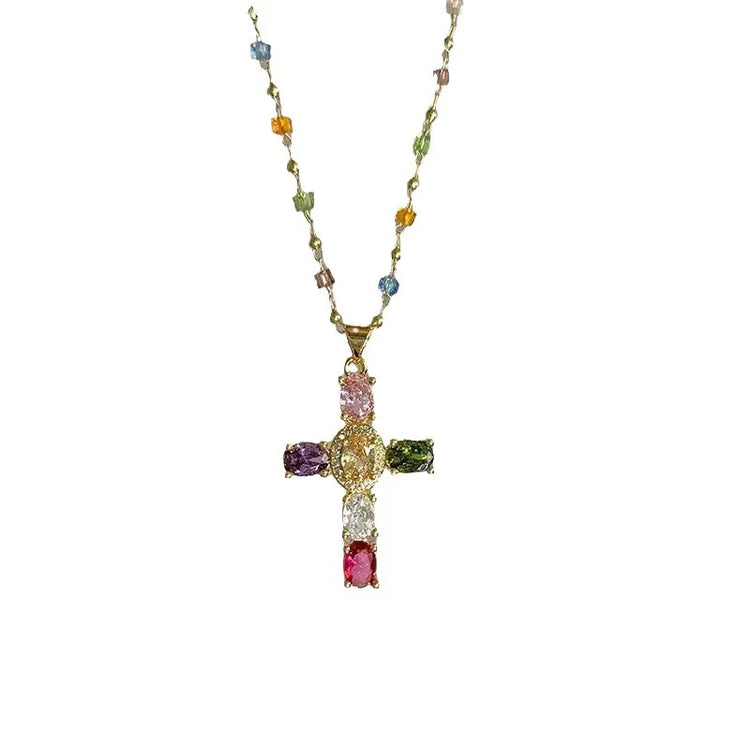 Fashion Colorful Zircon Cross Pendant Necklace For Women Stainless Steel Silver Color Charm Religious Necklaces Jewelry Espiga Jewelry