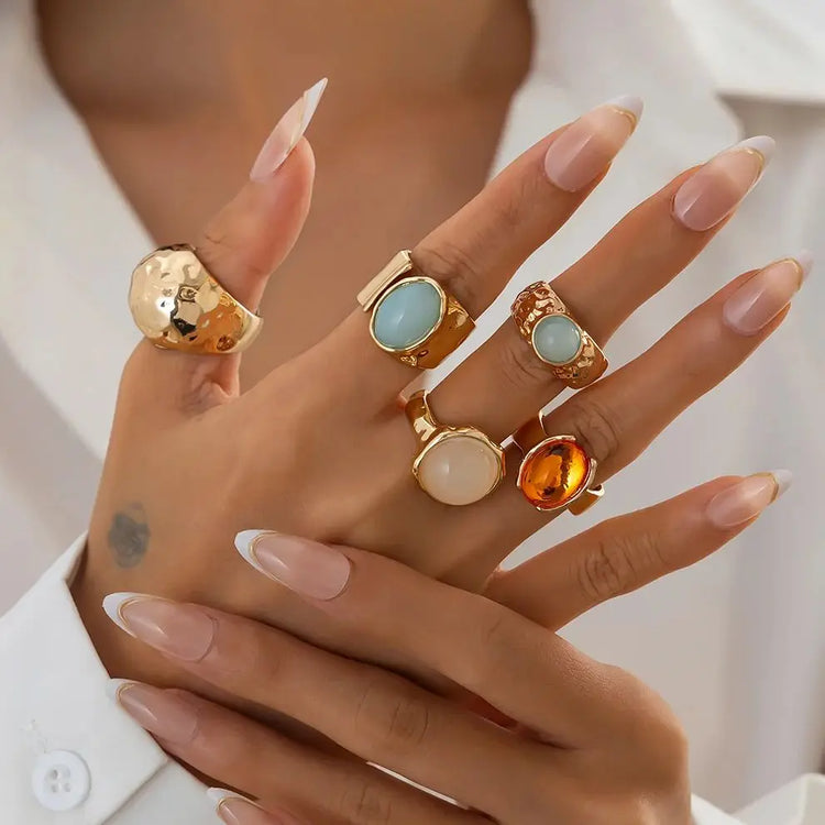 Ingemark 5Pcs/Set Retro Gold Color Irregular Metal Ring for Women Bohemian Open Adjustable Wide Ring Aesthetic Y2K Jewelry Gift Espiga Jewelry