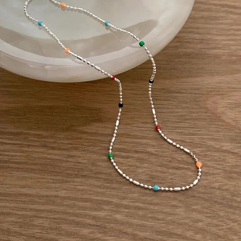 925 Silver Sterling Silver Necklace With Simple Geometric Multicolour Beads Choker Shiny Delicate Collarbone Chain For Women&