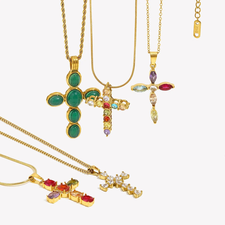 E. B. Belle Sparkling Luxury Colored Zirconia Cross Pendant Stainless Steel Women&