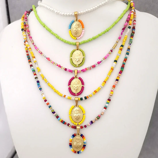 Virgin Mary Pendant Charm Necklace Women Imitation Pearl Cross Scared Heart Jesus Choker Seed Beads Gold Color Jewelry Mom Espiga Jewelry