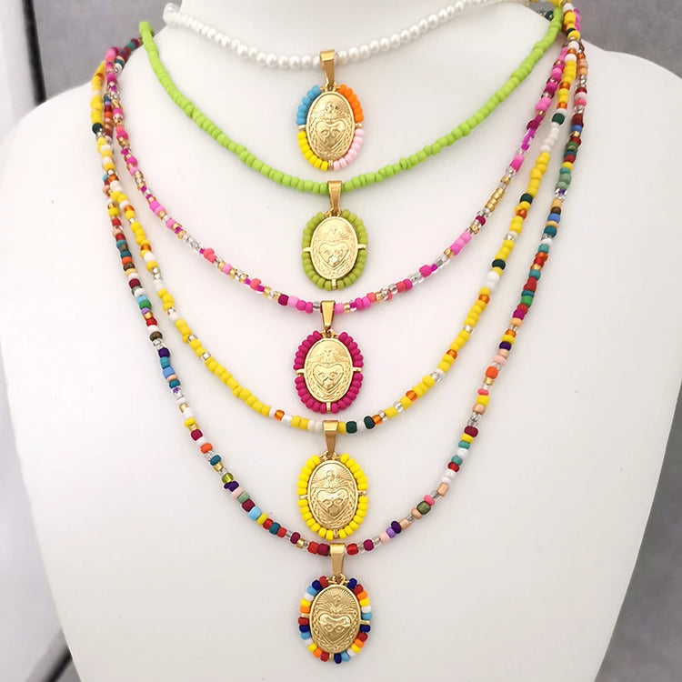 Virgin Mary Pendant Charm Necklace Women Imitation Pearl Cross Scared Heart Jesus Choker Seed Beads Gold Color Jewelry Mom Espiga Jewelry