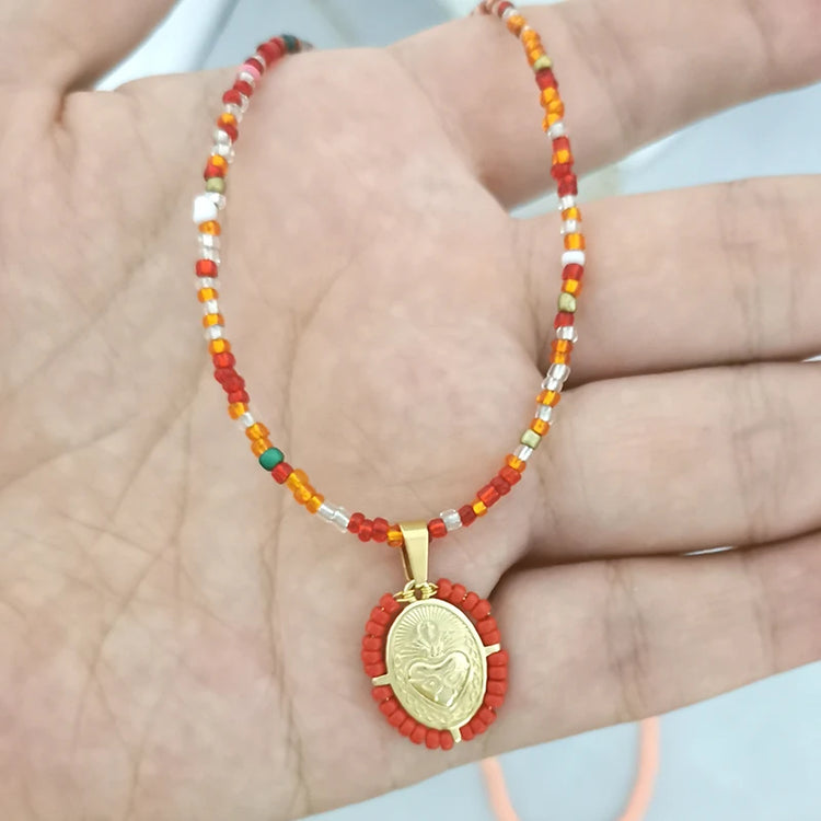 Virgin Mary Pendant Charm Necklace Women Imitation Pearl Cross Scared Heart Jesus Choker Seed Beads Gold Color Jewelry Mom Espiga Jewelry