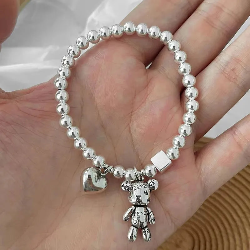 925 Sterling Silver Bracelets for Women String of Beads Accessories Trend Vintage Simple Cute Bear Pendant Party Jewelry Espiga Jewelry