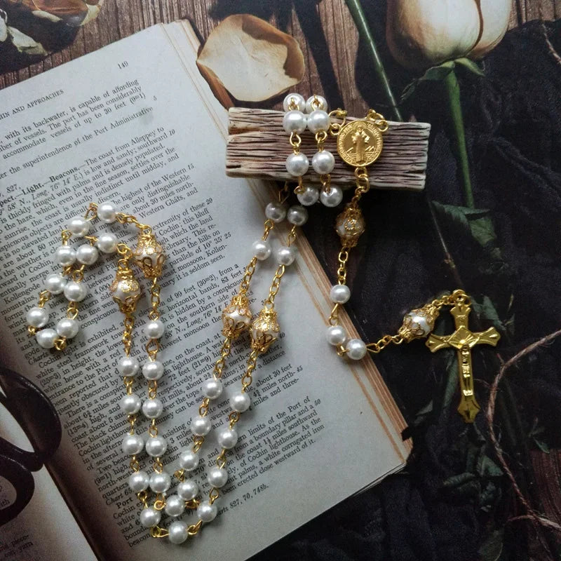 Religious Five Blessed Rosary Necklace  Prayer Beaded Chain Chaplet Saint Benedict Medal Crucifix Cross Y-Necklace  Jewelry Espiga Jewelry