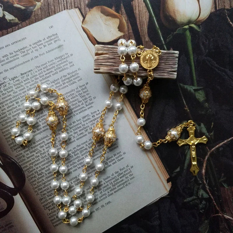 Religious Five Blessed Rosary Necklace  Prayer Beaded Chain Chaplet Saint Benedict Medal Crucifix Cross Y-Necklace  Jewelry Espiga Jewelry