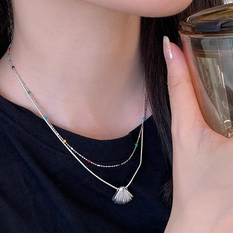 925 Silver Sterling Silver Necklace With Simple Geometric Multicolour Beads Choker Shiny Delicate Collarbone Chain For Women&
