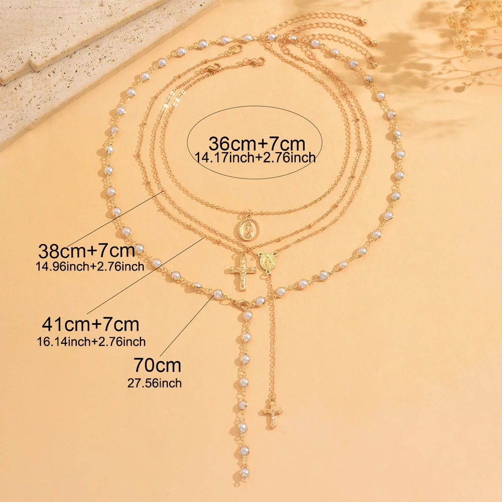 Layered Rosary Cross Necklace Vintage Gold Silver Mary Pendant Pearl Beaded Y Lariat Jewelry Gift for Women Espiga Jewelry