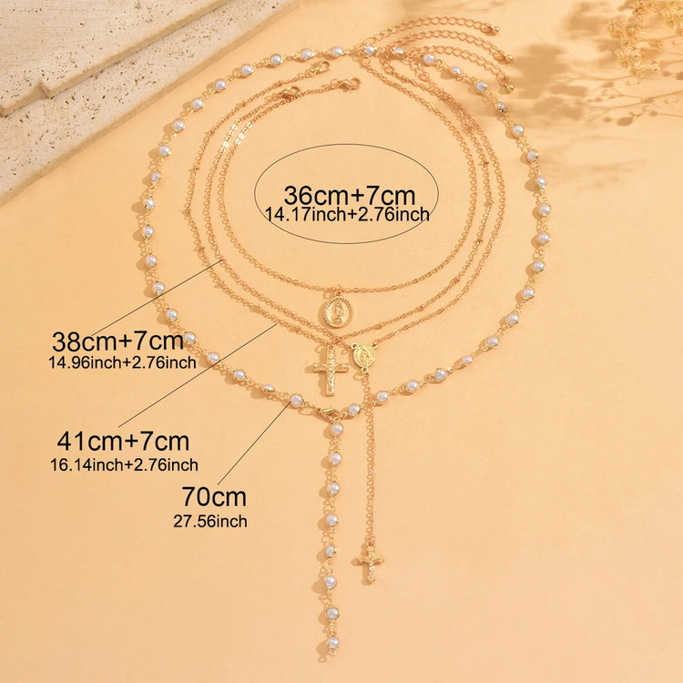 Layered Rosary Cross Necklace Vintage Gold Silver Mary Pendant Pearl Beaded Y Lariat Jewelry Gift for Women Espiga Jewelry