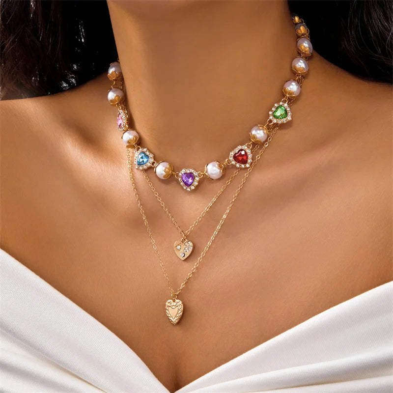 Delicate Rainbow Zircon Heart Necklace for Women Elegant Imitation Pearl Pendant Necklace Girls Party Jewelry Accessory Espiga Jewelry