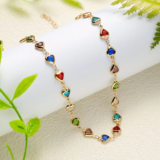 Exquisite Rainbow Zircon Heart Choker Necklace For Women Korean Crystal Gold Color Metal Chain Collar Girls Party Beach Jewelry Espiga Jewelry
