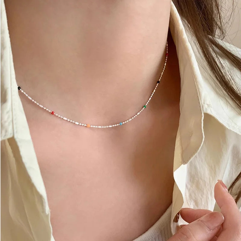 925 Silver Sterling Silver Necklace With Simple Geometric Multicolour Beads Choker Shiny Delicate Collarbone Chain For Women&