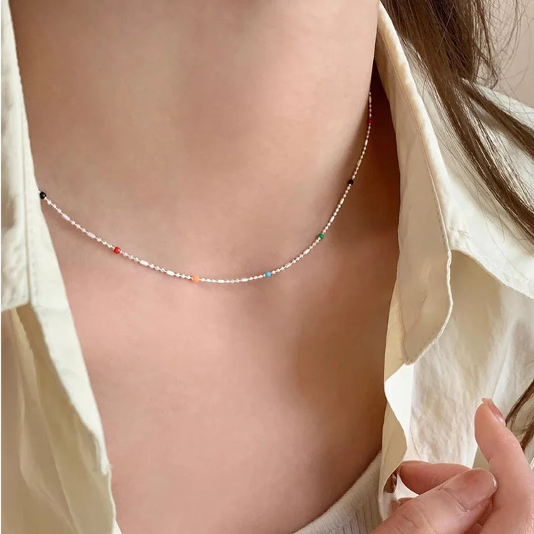 925 Silver Sterling Silver Necklace With Simple Geometric Multicolour Beads Choker Shiny Delicate Collarbone Chain For Women&