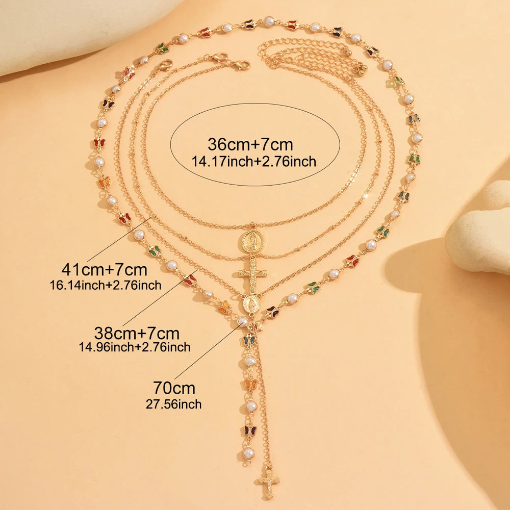 Layered Rosary Cross Necklace Vintage Gold Silver Mary Pendant Pearl Beaded Y Lariat Jewelry Gift for Women Espiga Jewelry