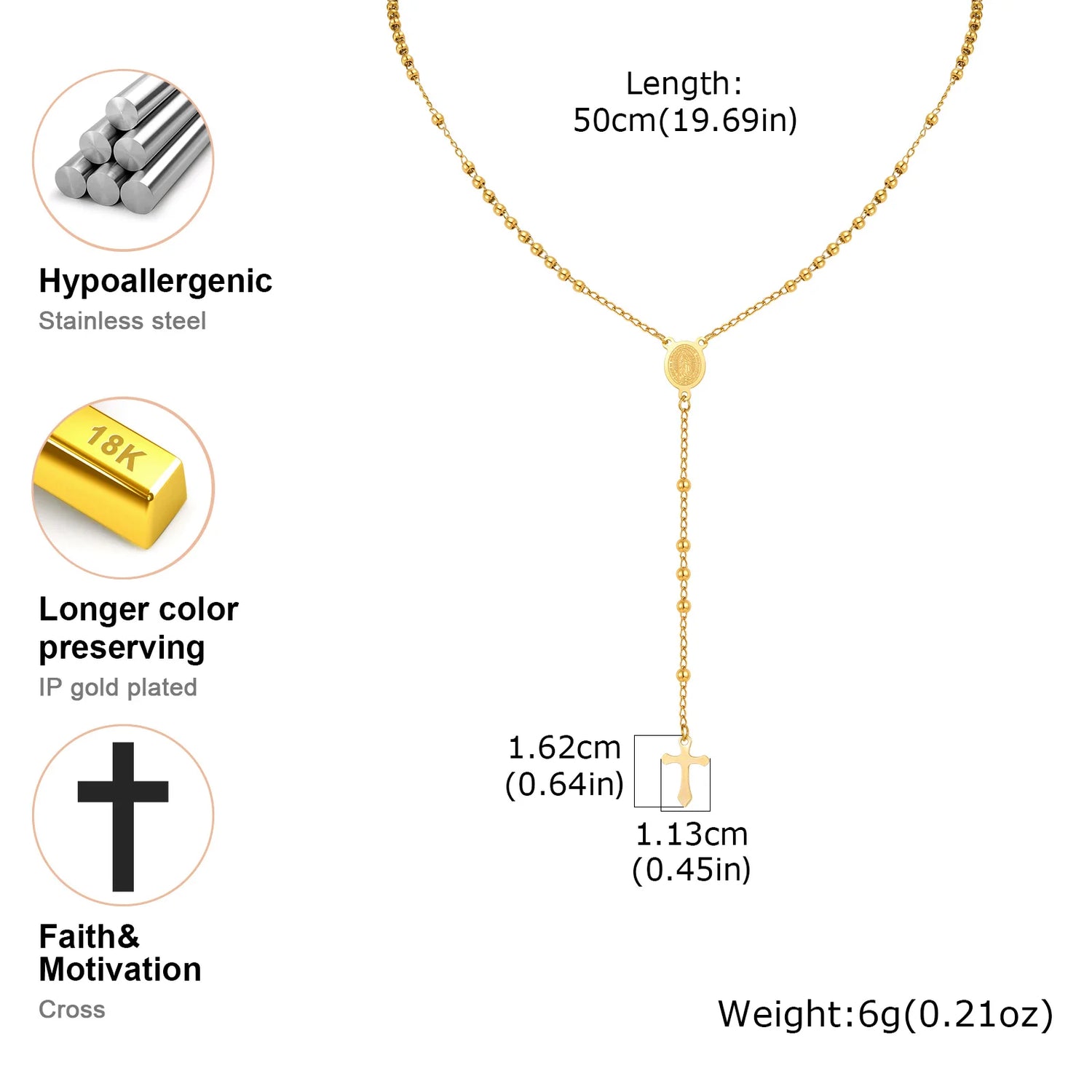Rosary Virgin Cross Drop Y-shaped Necklace for Women,Stainless Steel Link Bead Chain Prayer Necklaces,Mary Jewelry Gift Espiga Jewelry