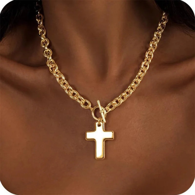 New Fashion Cross Pendant Necklace for Women Toggle Clasp Rectangle Necklaces Paperclip Collarbone Chain Christian Faith Jewelry Espiga Jewelry