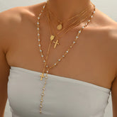 Layered Rosary Cross Necklace Vintage Gold Silver Mary Pendant Pearl Beaded Y Lariat Jewelry Gift for Women Espiga Jewelry