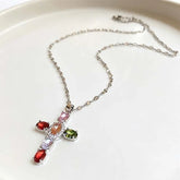 Fashion Colorful Zircon Cross Pendant Necklace For Women Stainless Steel Silver Color Charm Religious Necklaces Jewelry Espiga Jewelry