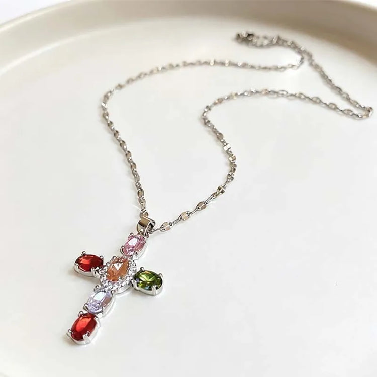 Fashion Colorful Zircon Cross Pendant Necklace For Women Stainless Steel Silver Color Charm Religious Necklaces Jewelry Espiga Jewelry