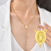 Rosary Virgin Cross Drop Y-shaped Necklace for Women,Stainless Steel Link Bead Chain Prayer Necklaces,Mary Jewelry Gift Espiga Jewelry