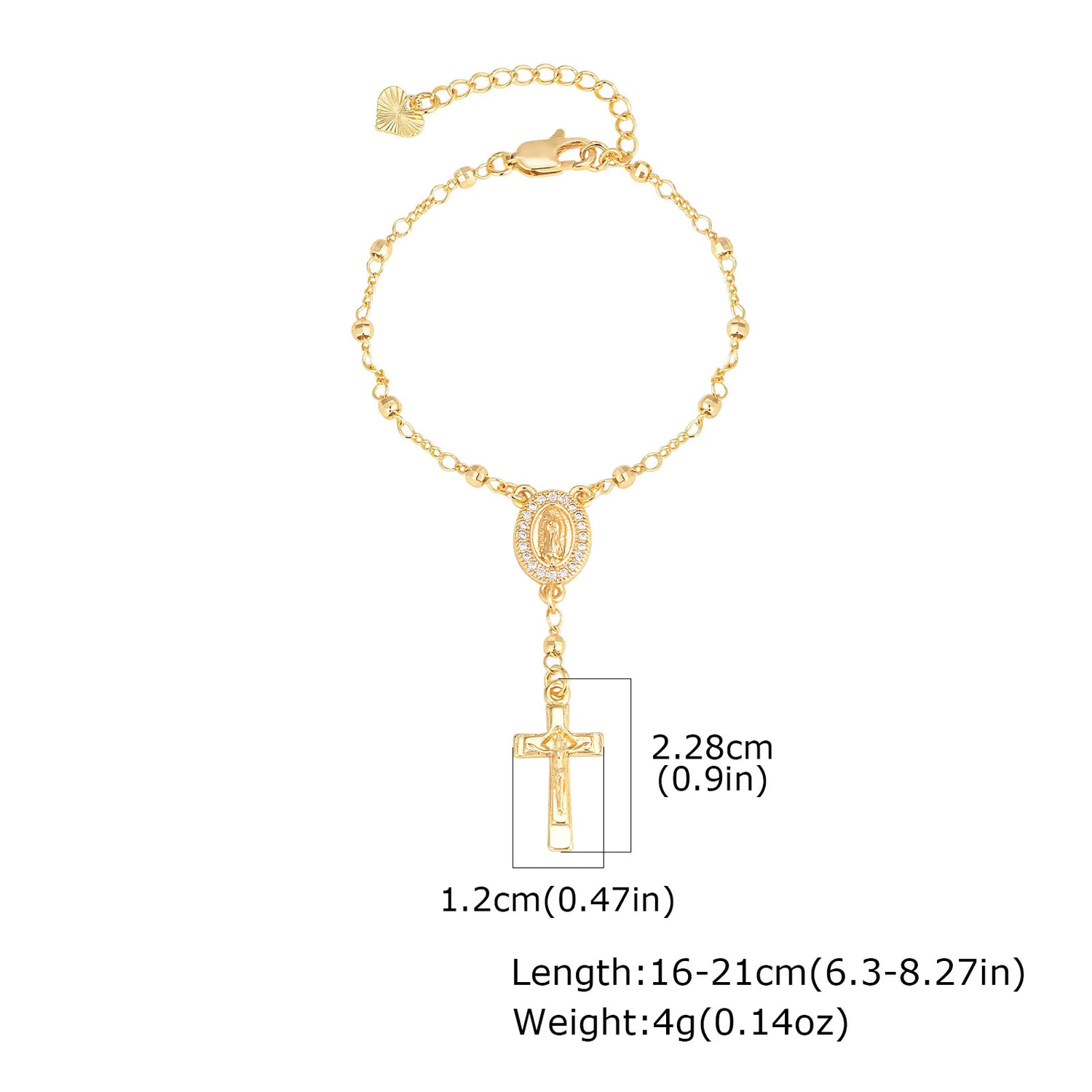 Catholic Cubic Zirconia Rosary Cross Beaded Link Bracelets, Oval Jesus Coss Jewelry, Religion Gold Plated Bracelet Espiga Jewelry
