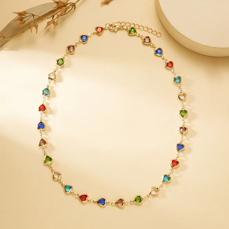 Exquisite Rainbow Zircon Heart Choker Necklace For Women Korean Crystal Gold Color Metal Chain Collar Girls Party Beach Jewelry Espiga Jewelry