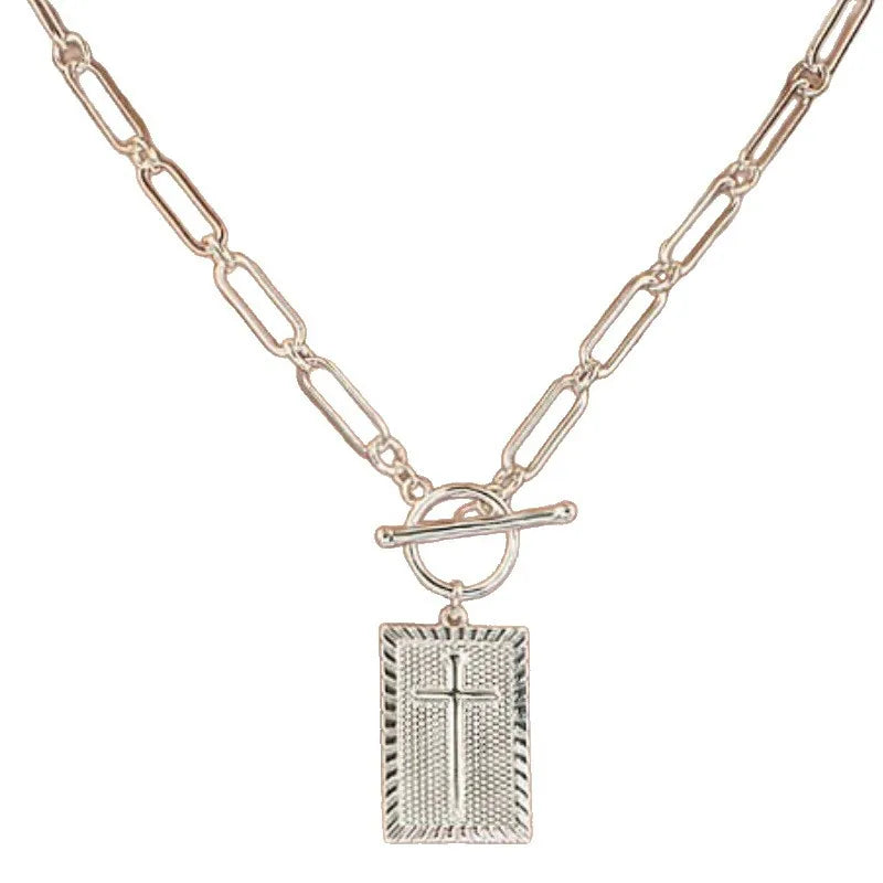 New Fashion Cross Pendant Necklace for Women Toggle Clasp Rectangle Necklaces Paperclip Collarbone Chain Christian Faith Jewelry Espiga Jewelry
