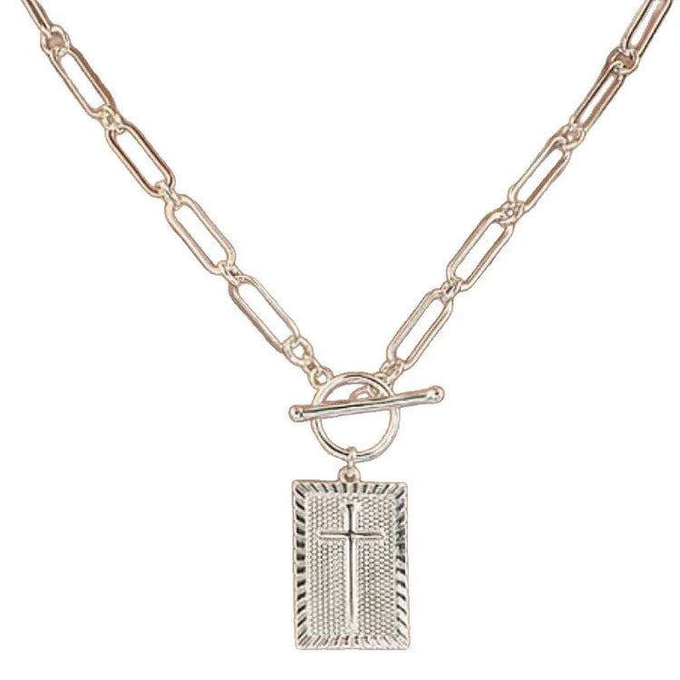 New Fashion Cross Pendant Necklace for Women Toggle Clasp Rectangle Necklaces Paperclip Collarbone Chain Christian Faith Jewelry Espiga Jewelry