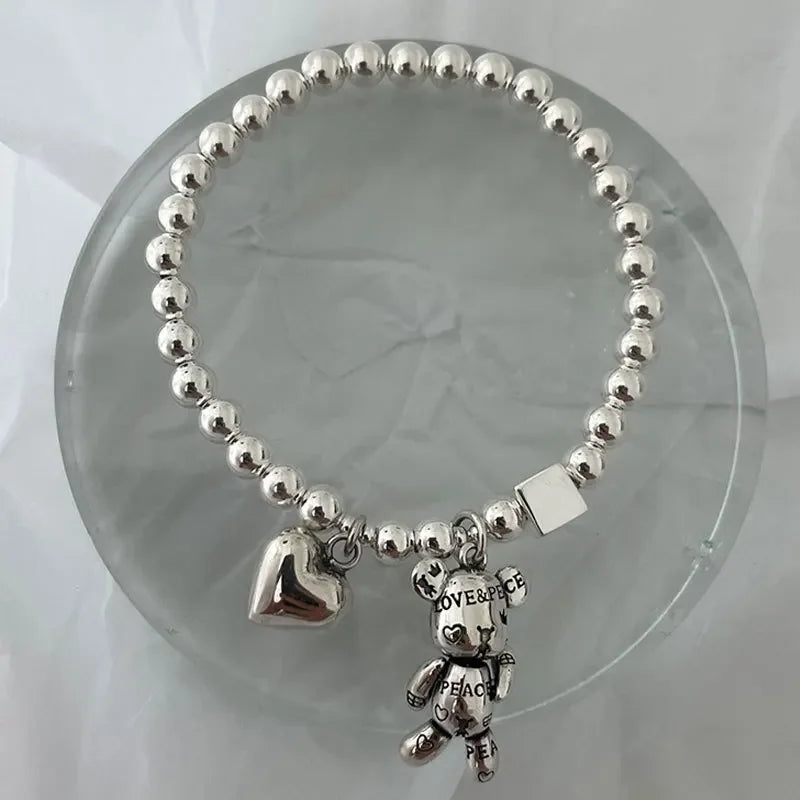 925 Sterling Silver Bracelets for Women String of Beads Accessories Trend Vintage Simple Cute Bear Pendant Party Jewelry Espiga Jewelry